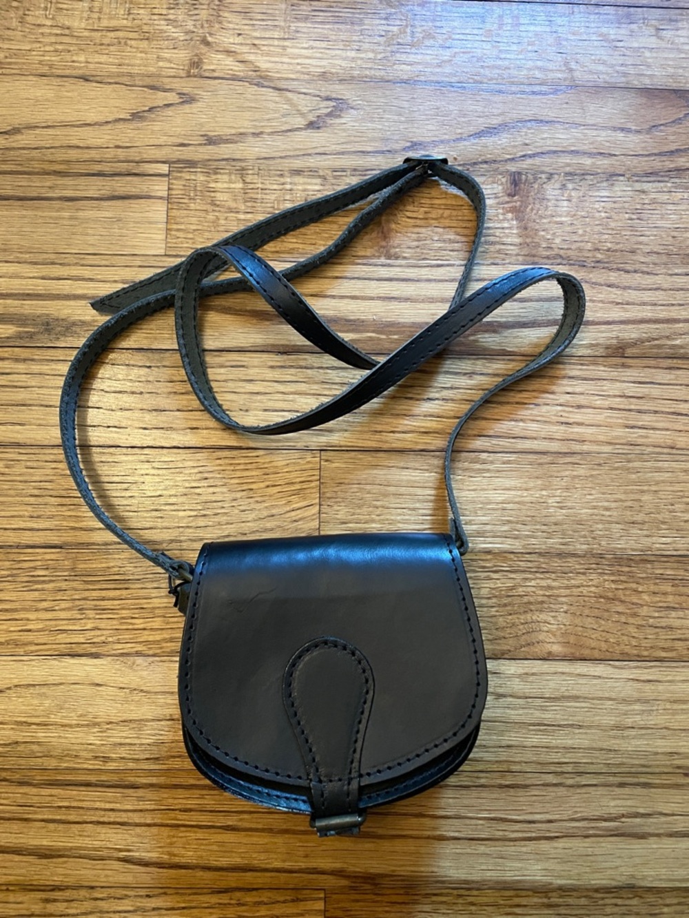 Compact Mini Black Leather Crossbody Saddle Bag